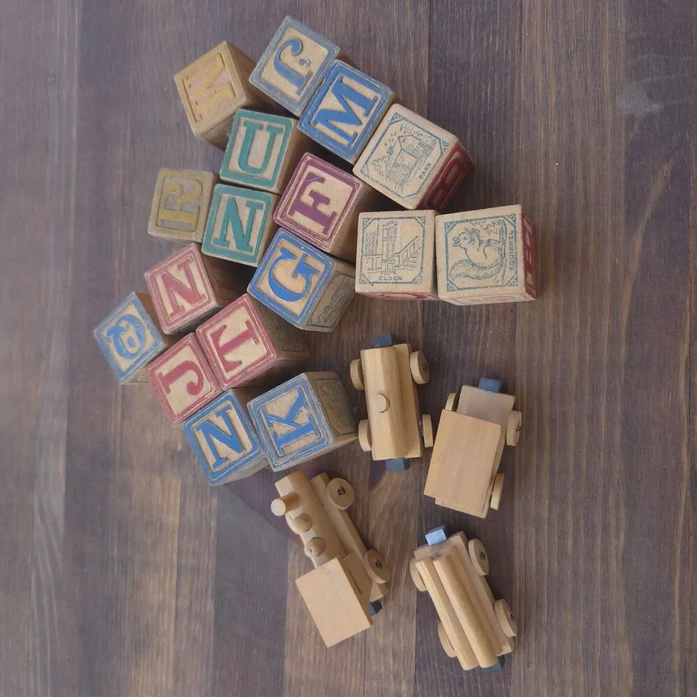 Vintage Wooden Alphabet Blocks & Train Set 20 Pc Learning Toy Nursery Decor
